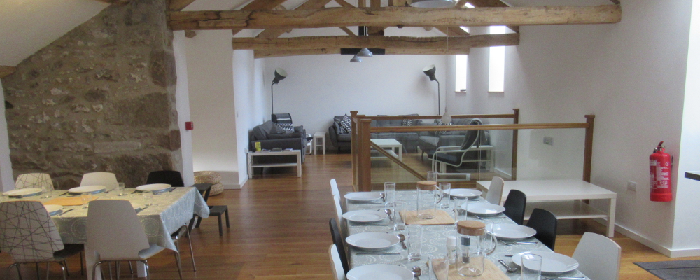 dining room and exposed beams