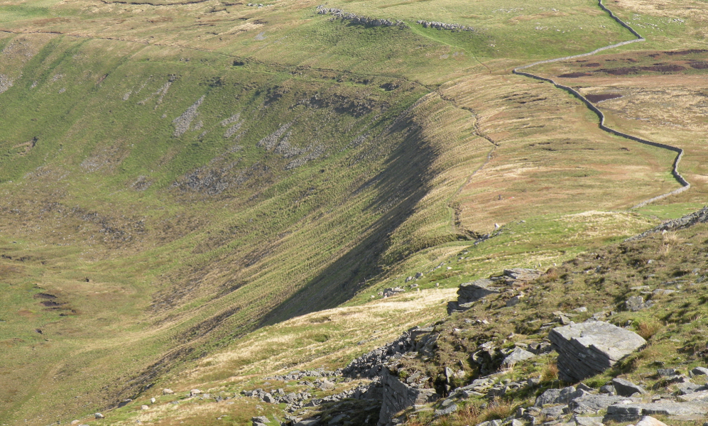 Looking down Swine Tail from close to Ingleborough summit plateau